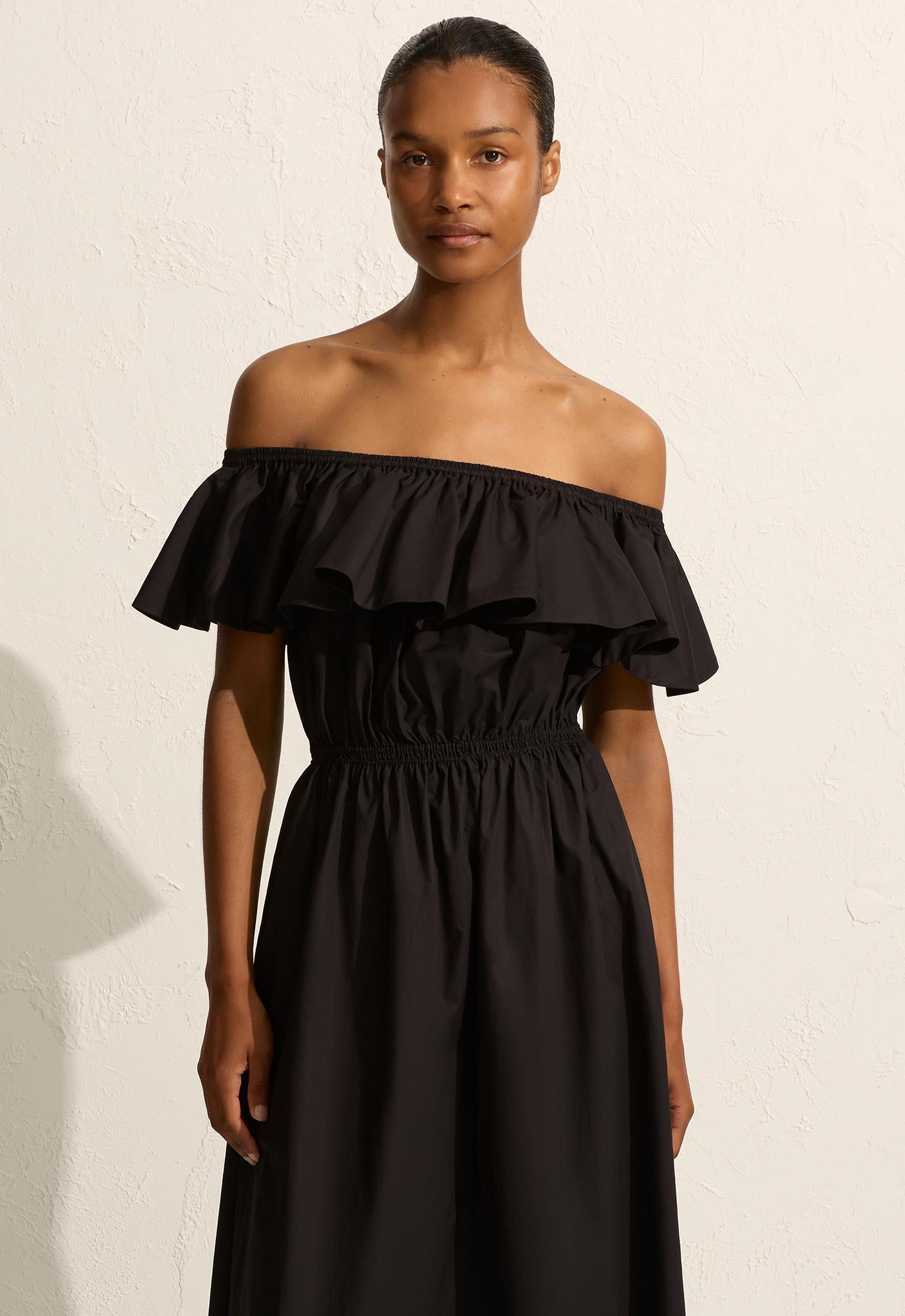 Off The Shoulder Ruffle Dress - Black - Matteau