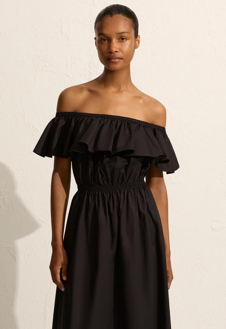 Off The Shoulder Ruffle Dress - Black - Matteau