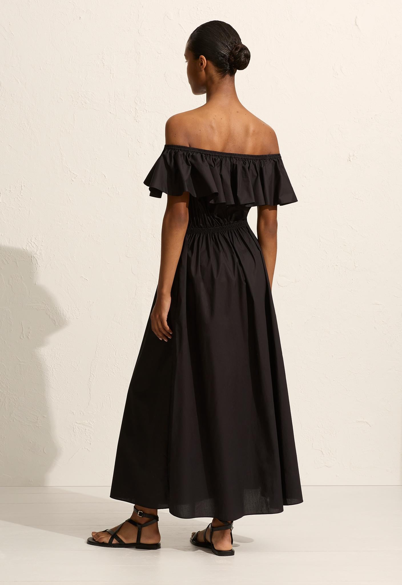 Off The Shoulder Ruffle Dress - Black - Matteau