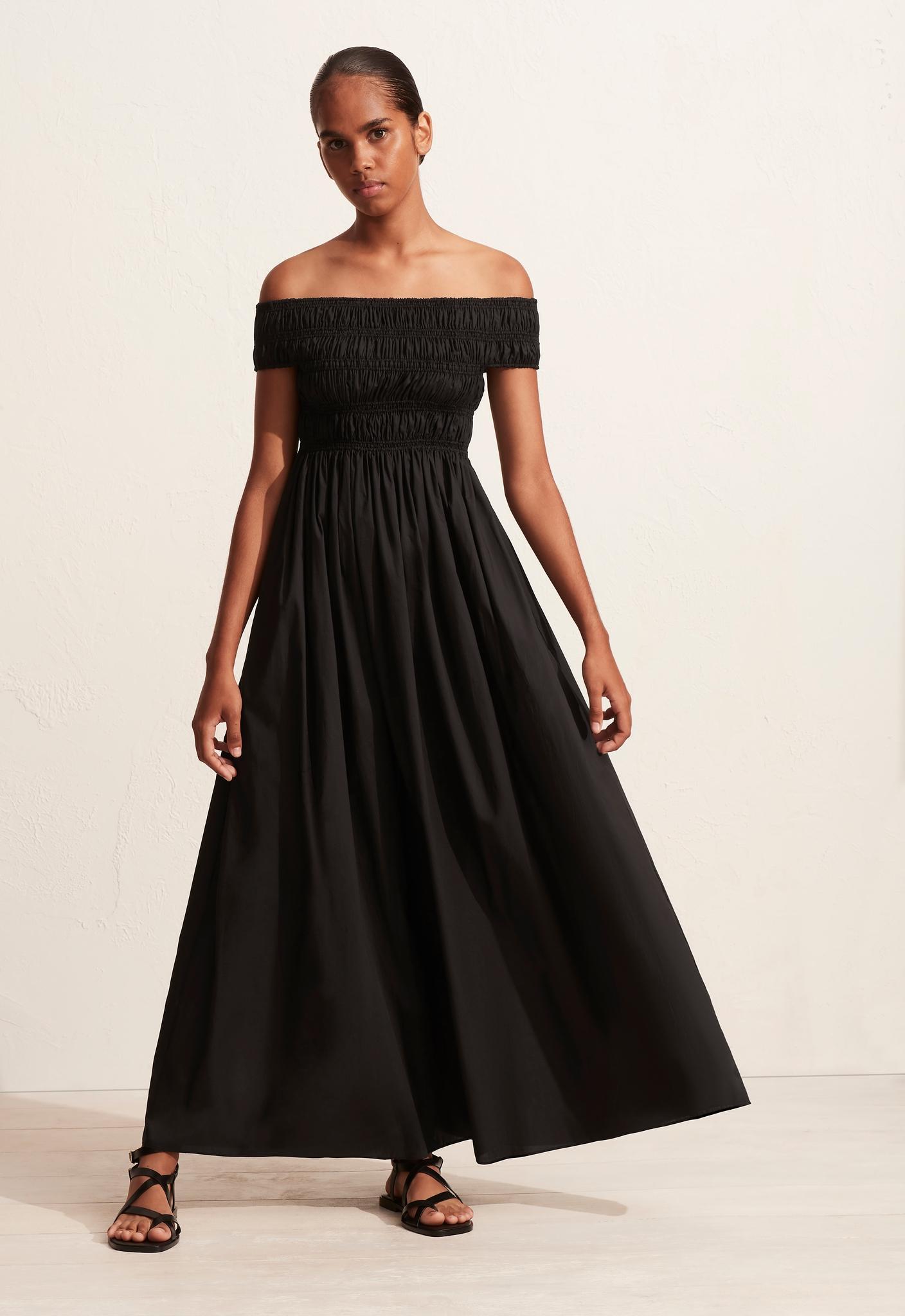 Shirred Off The Shoulder Dress - Black - Matteau
