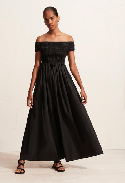 Shirred Off The Shoulder Dress - Black - Matteau