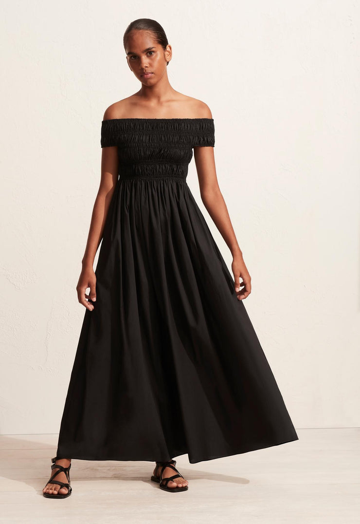 Shirred Off The Shoulder Dress - Black - Matteau