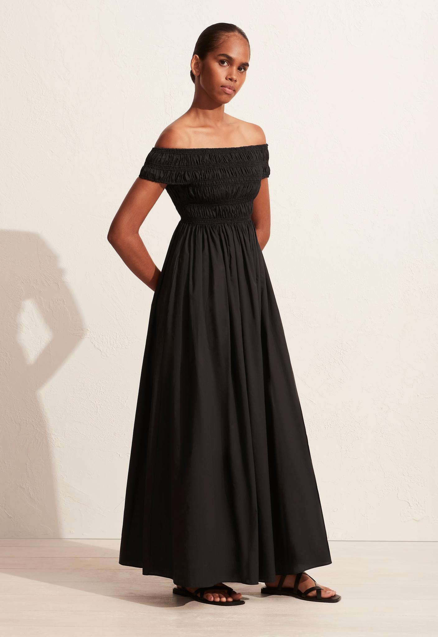 Shirred Off The Shoulder Dress - Black - Matteau