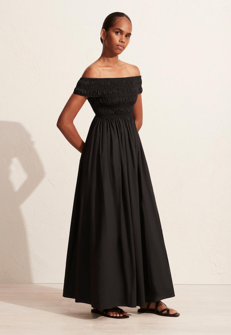 Shirred Off The Shoulder Dress - Black - Matteau
