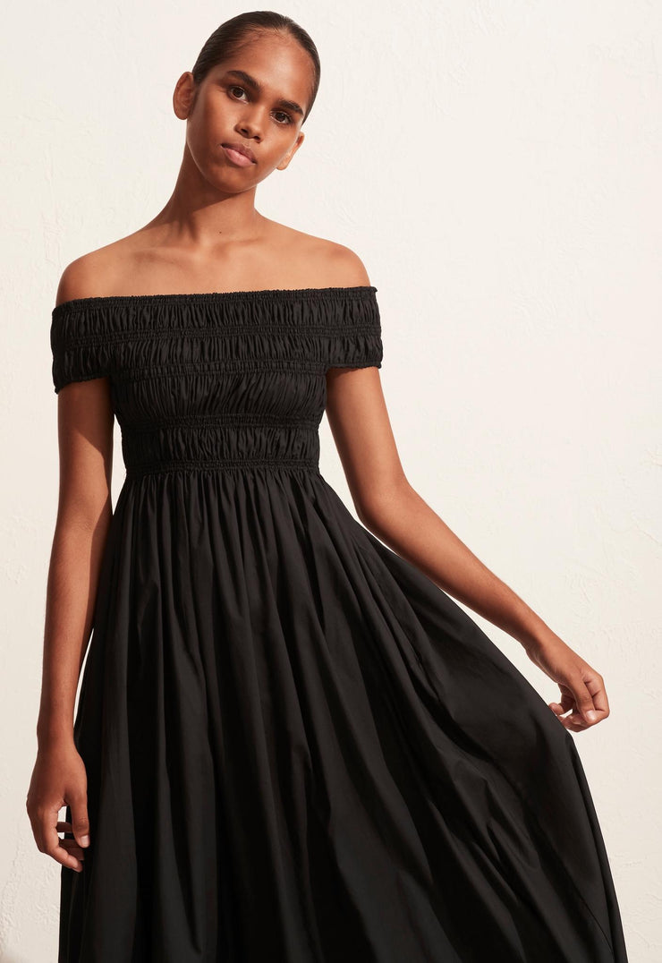 Shirred Off The Shoulder Dress - Black - Matteau