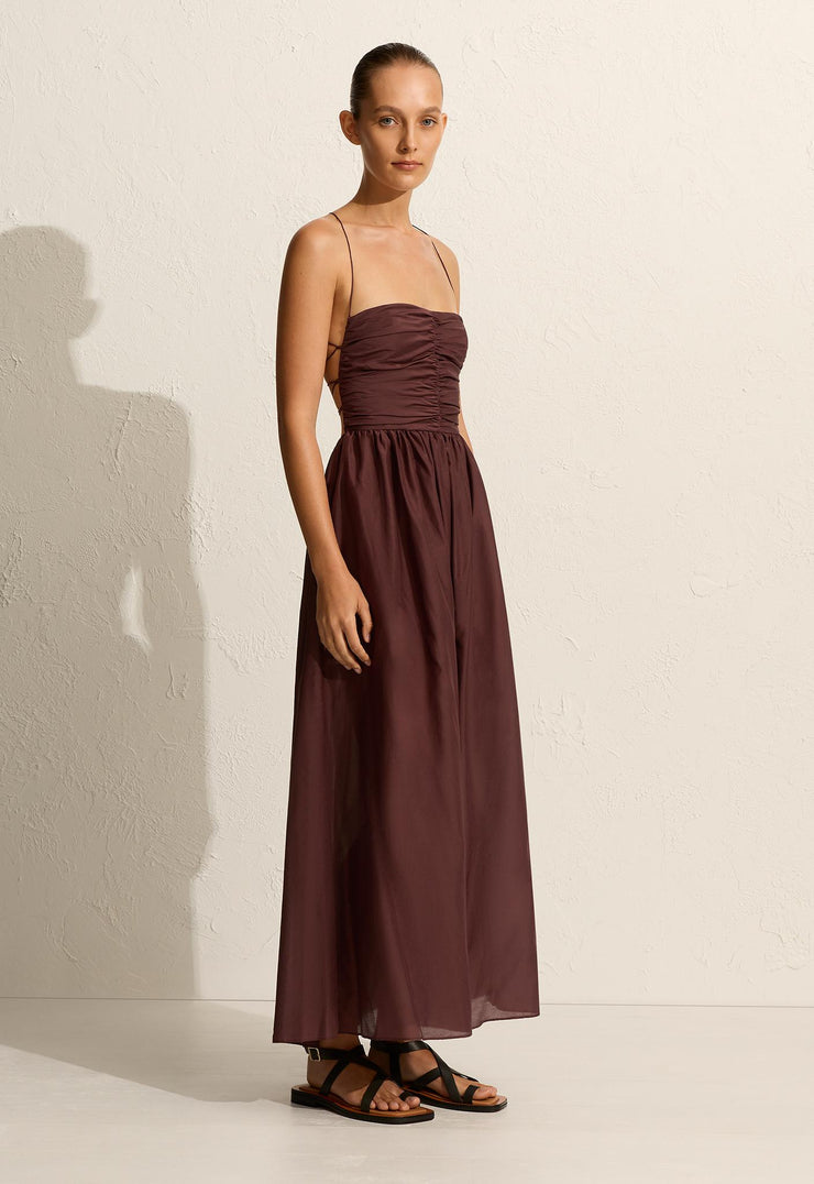 Gathered Lace Up Dress - Burgundy - Matteau