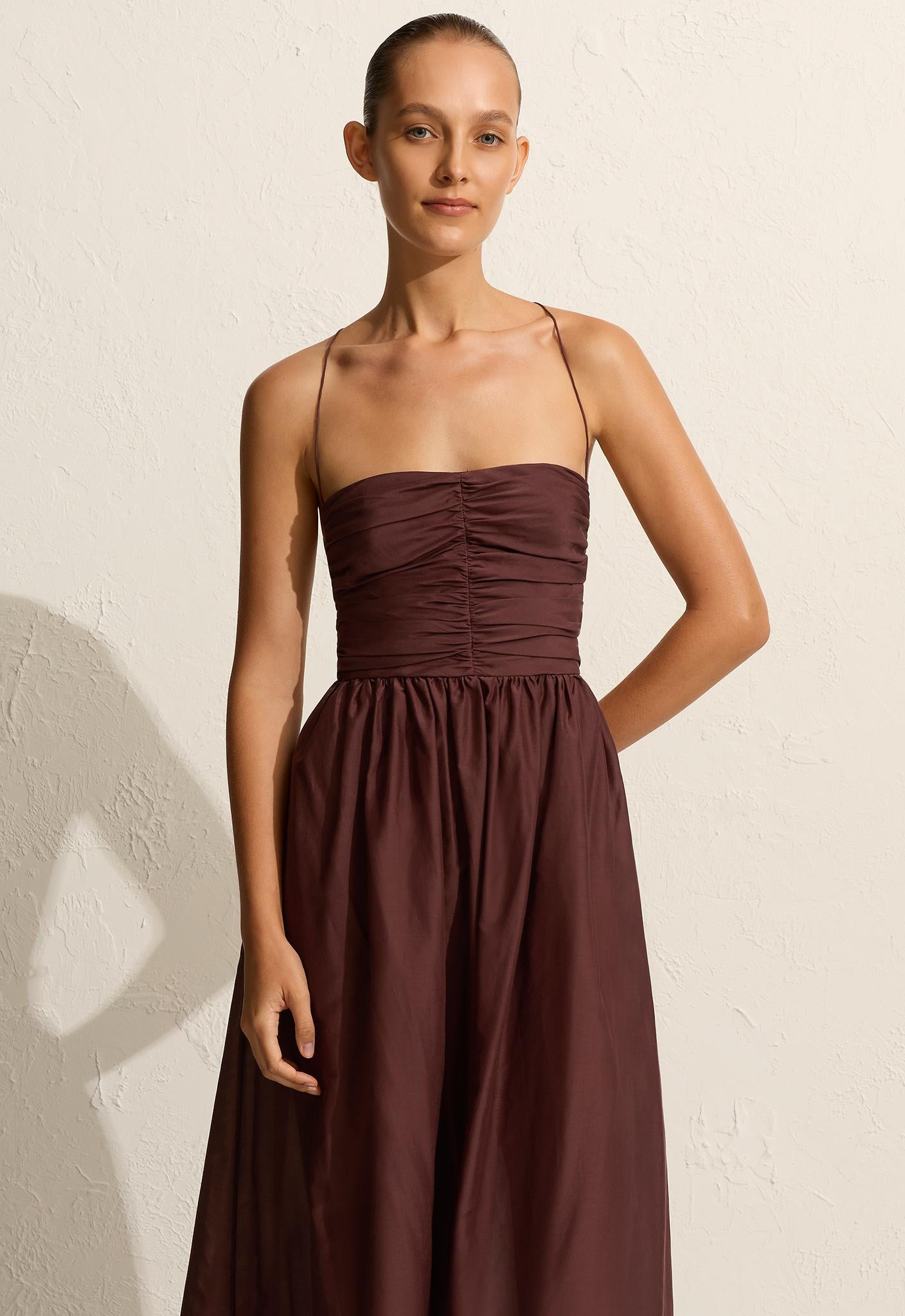 Gathered Lace Up Dress - Burgundy - Matteau