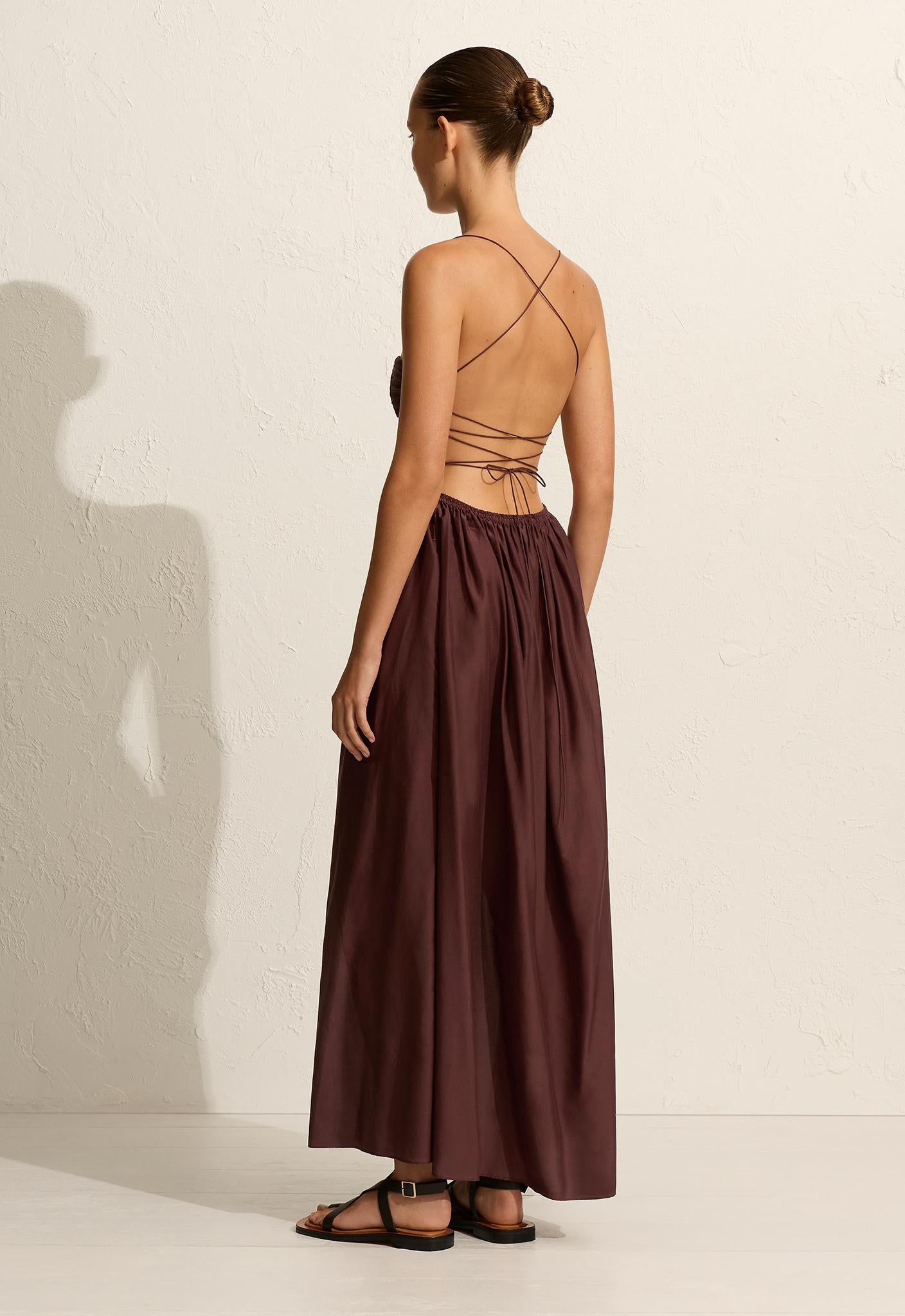 Gathered Lace Up Dress - Burgundy - Matteau