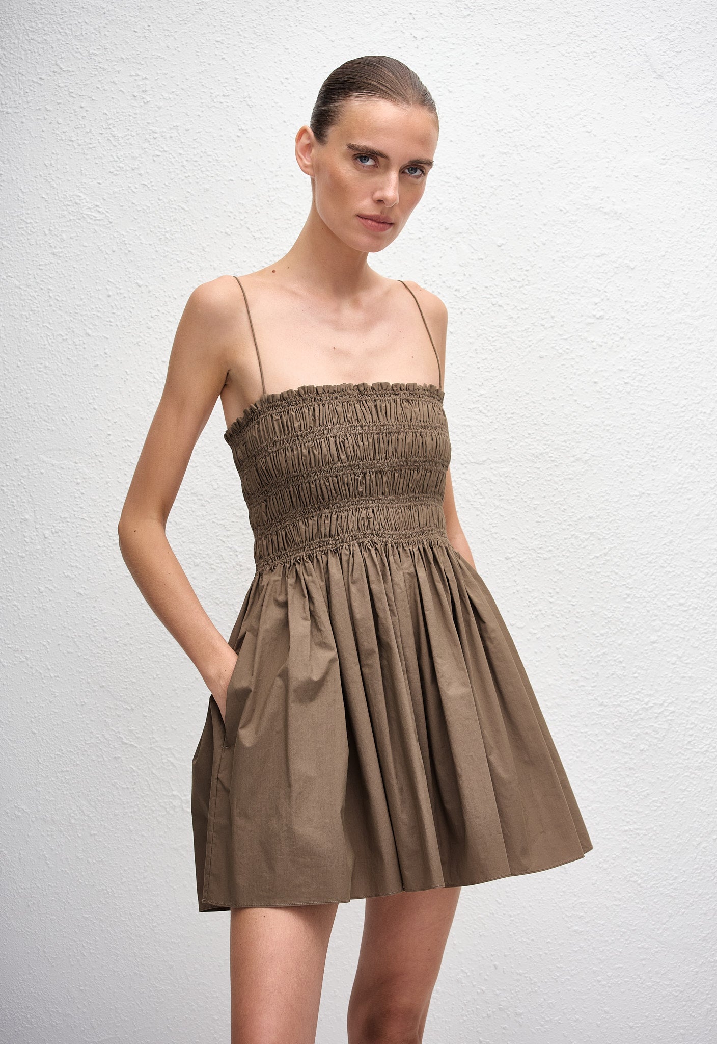 Shirred Bodice Mini Dress - Birch - Matteau