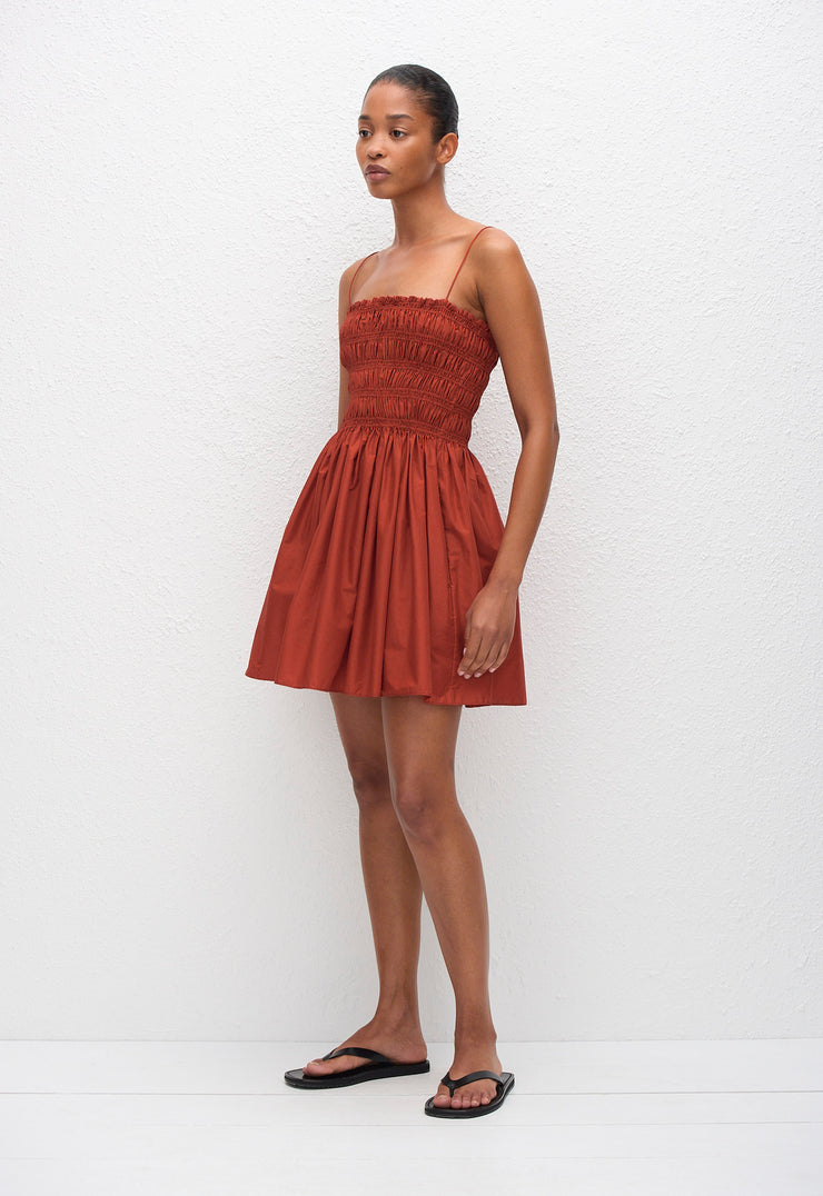 Shirred Bodice Mini Dress - Tomato - Matteau