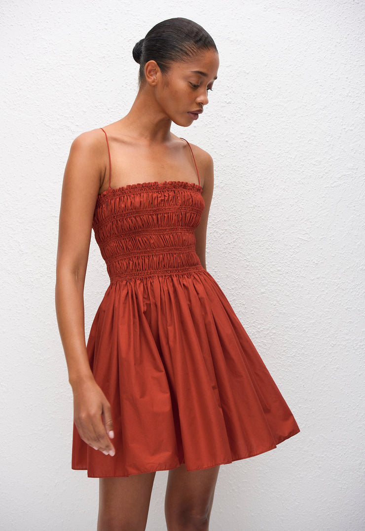 Shirred Bodice Mini Dress - Tomato - Matteau