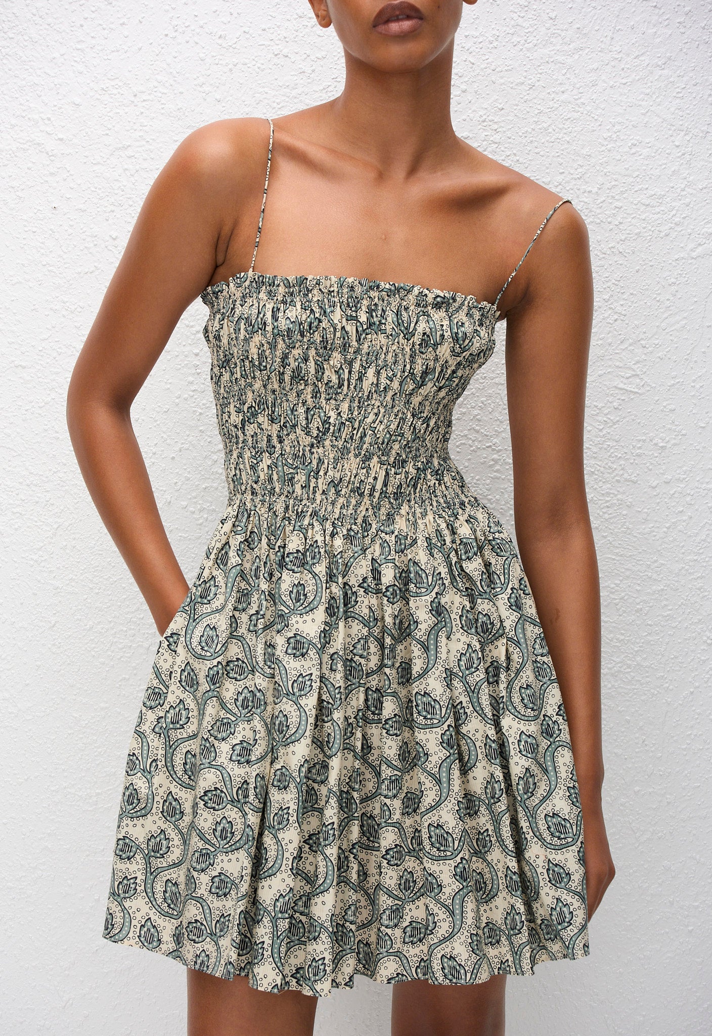 Shirred Bodice Mini Dress - Vine - Matteau