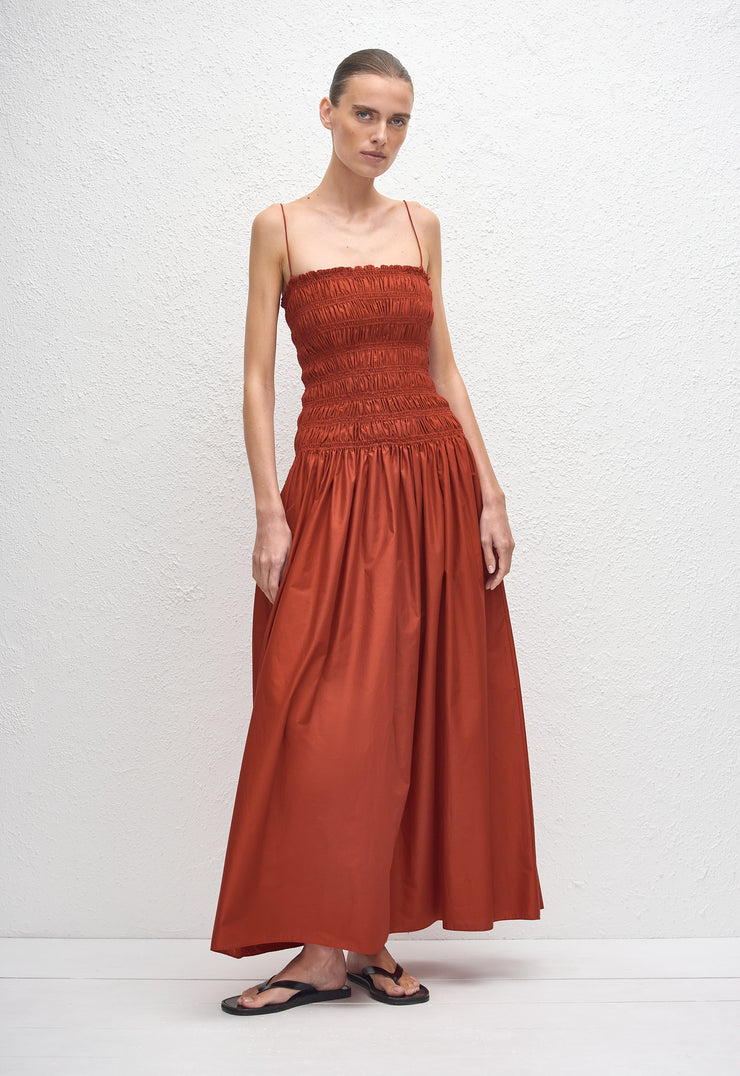 Shirred Drop Waist Dress - Tomato - Matteau