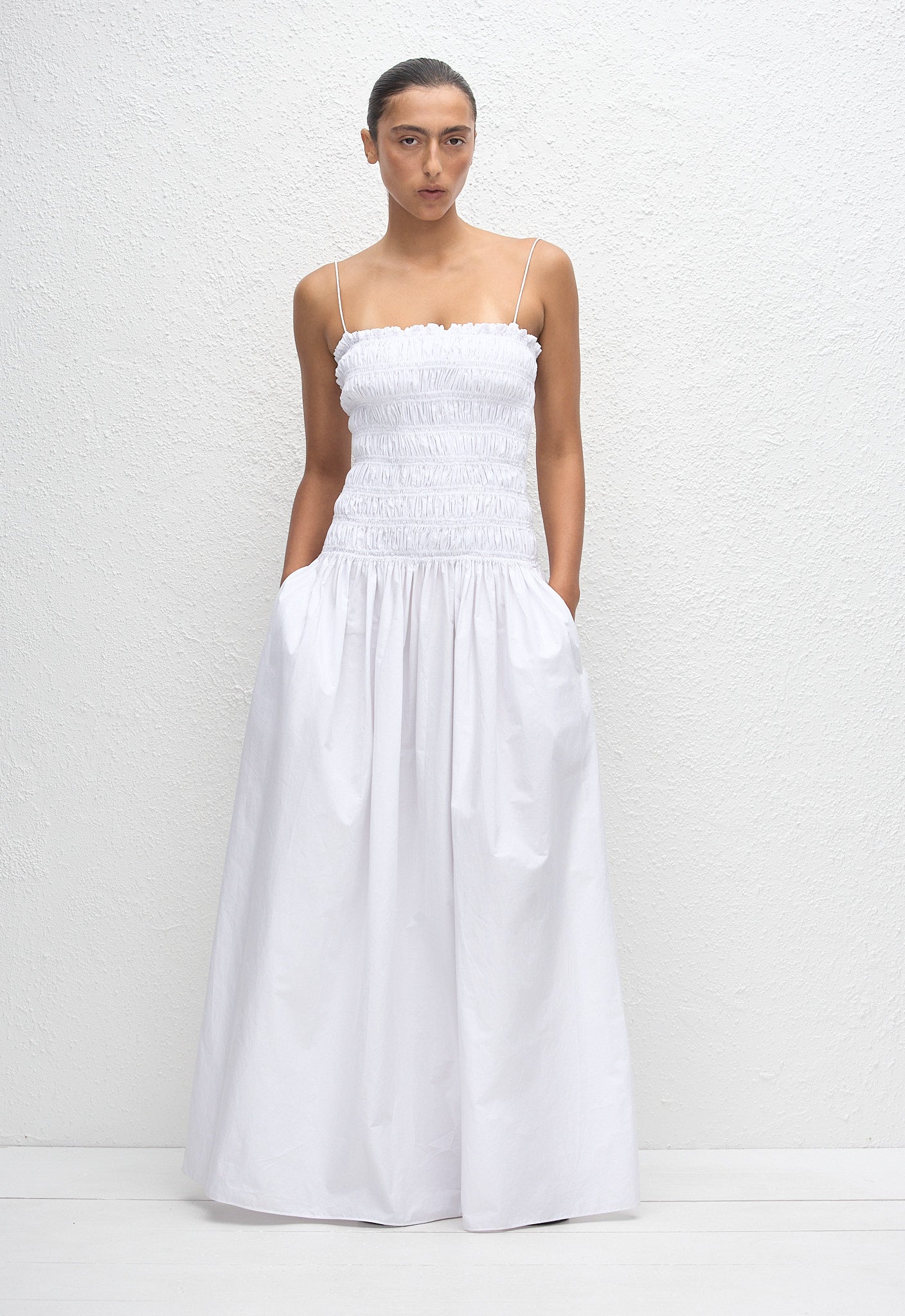 Shirred Drop Waist Dress - White - Matteau