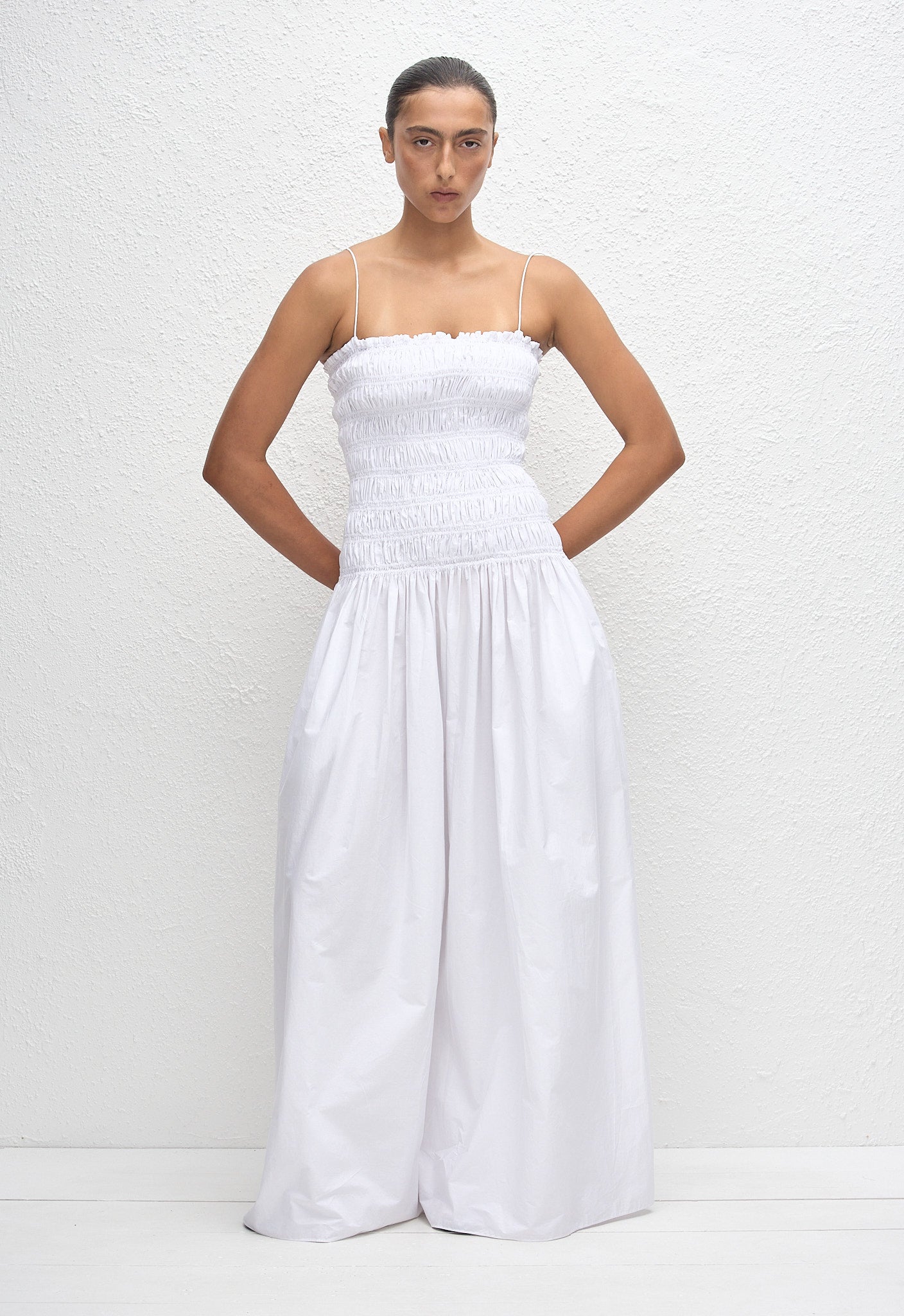 Shirred Drop Waist Dress - White - Matteau