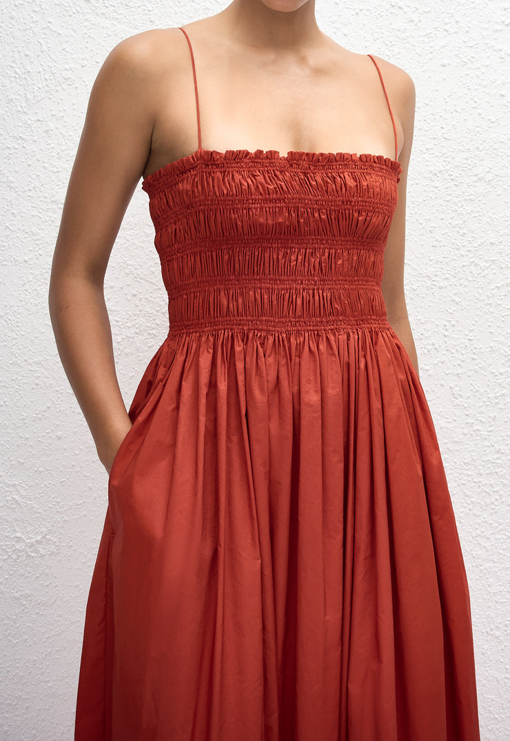 Shirred Bodice Dress - Tomato - Matteau