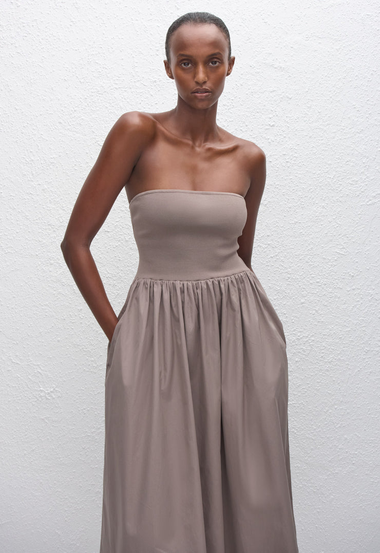 Strapless Knit and Cotton Dress - Taupe - Matteau