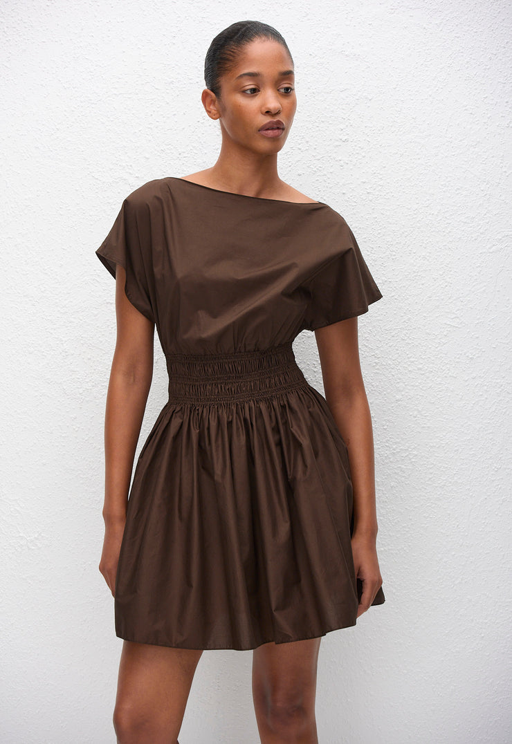 Shirred Waist Mini Dress - Chocolate - Matteau