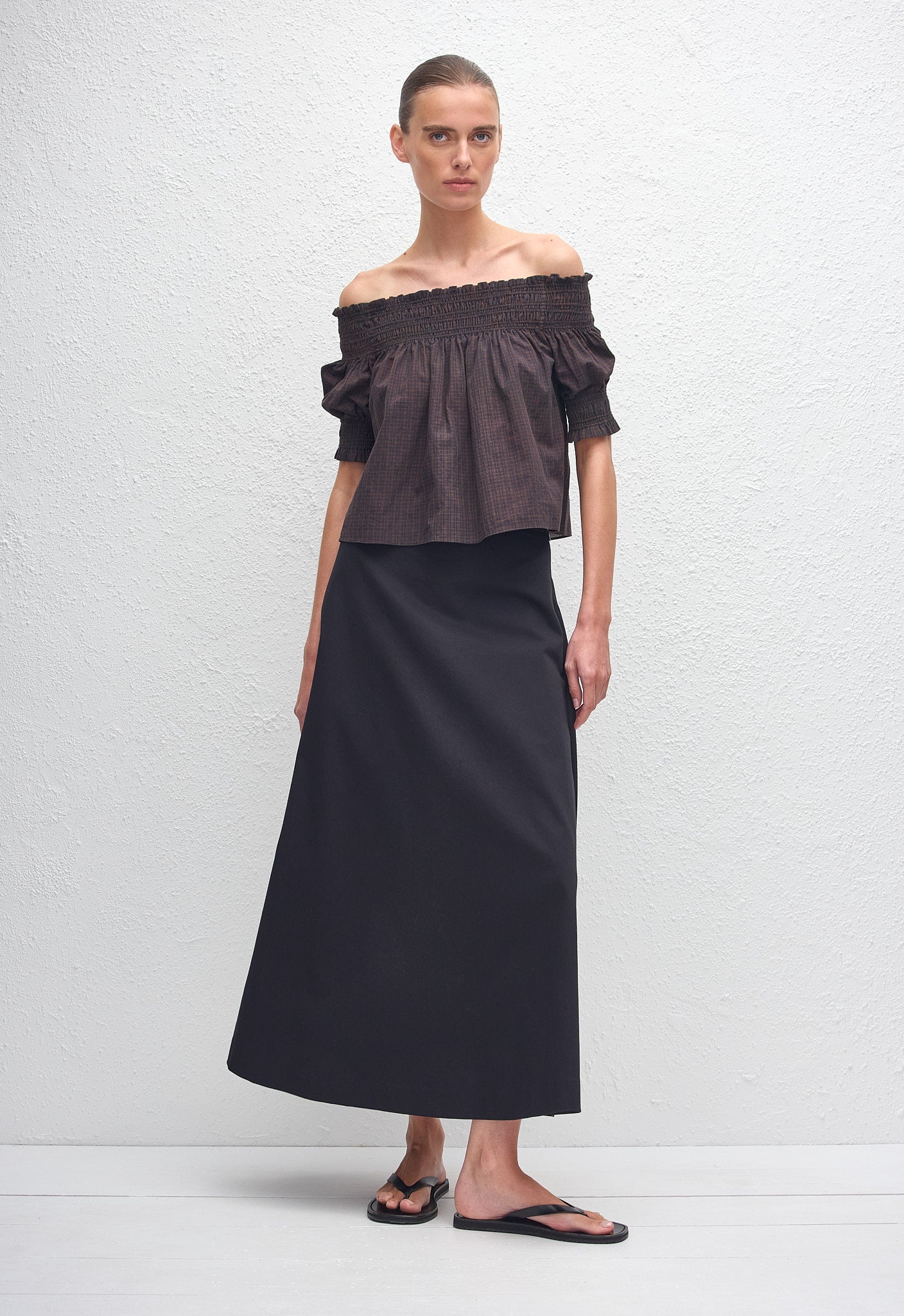 Shirred Off Shoulder Blouse - Nantucket Check - Matteau