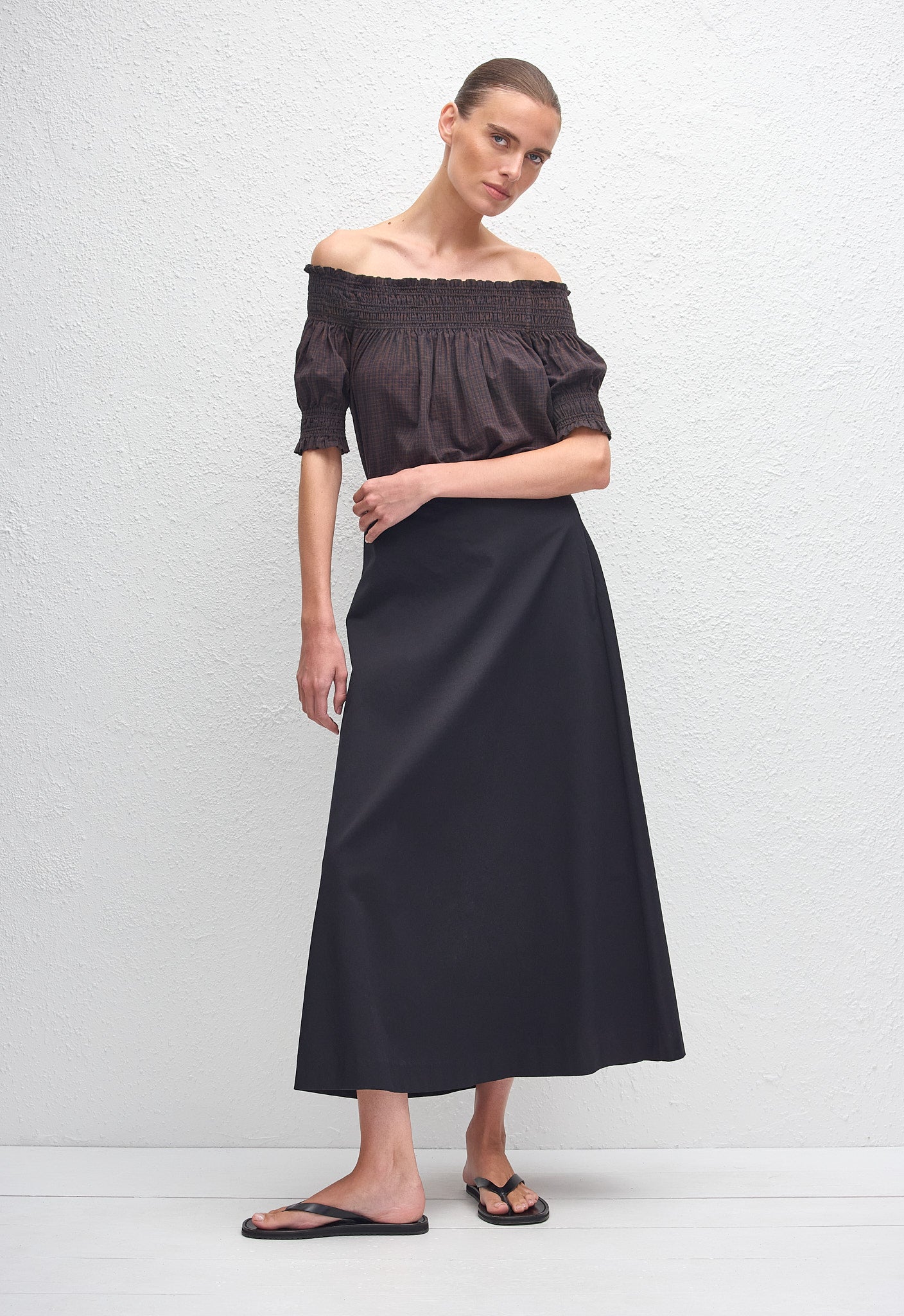 Shirred Off Shoulder Blouse - Nantucket Check - Matteau