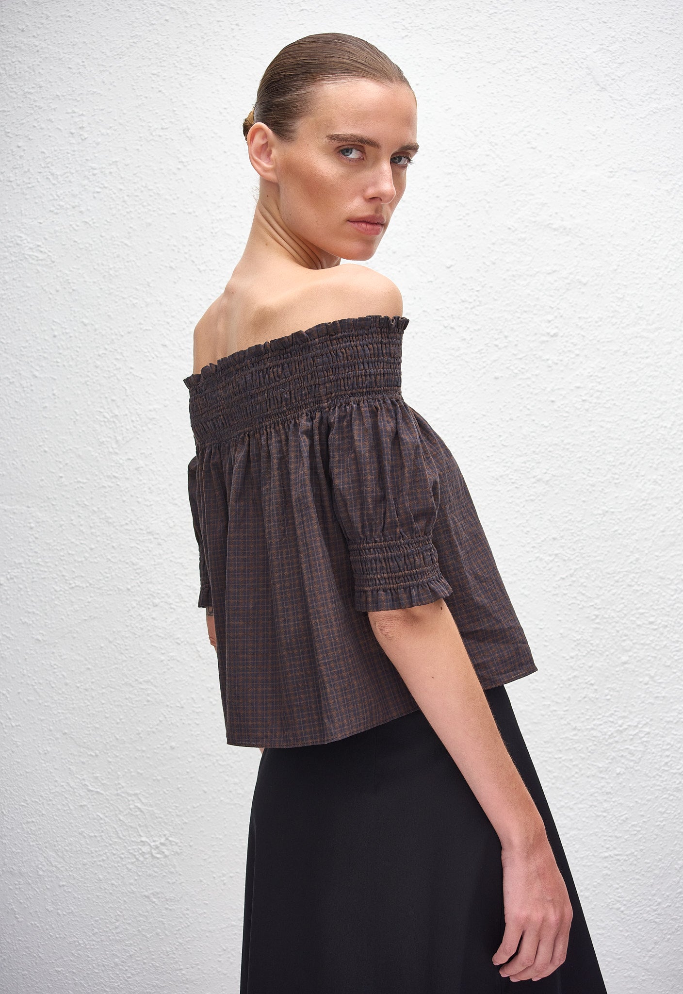 Shirred Off Shoulder Blouse - Nantucket Check - Matteau