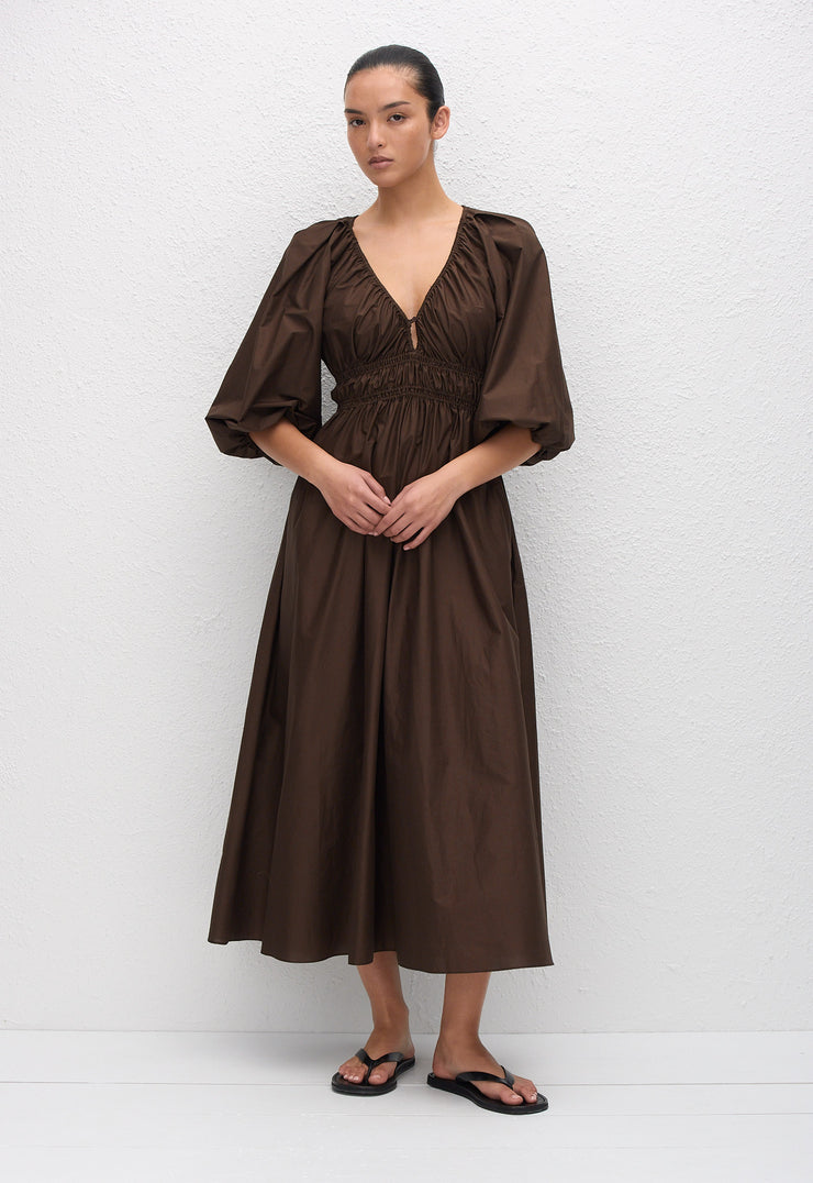 Shirred Plunge Button Dress - Chocolate - Matteau