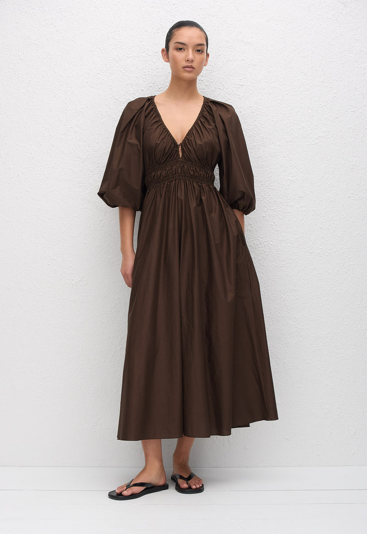 Shirred Plunge Button Dress - Chocolate - Matteau