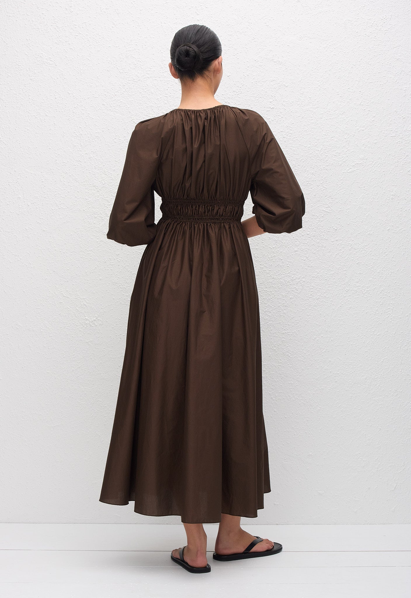 Shirred Plunge Button Dress - Chocolate - Matteau