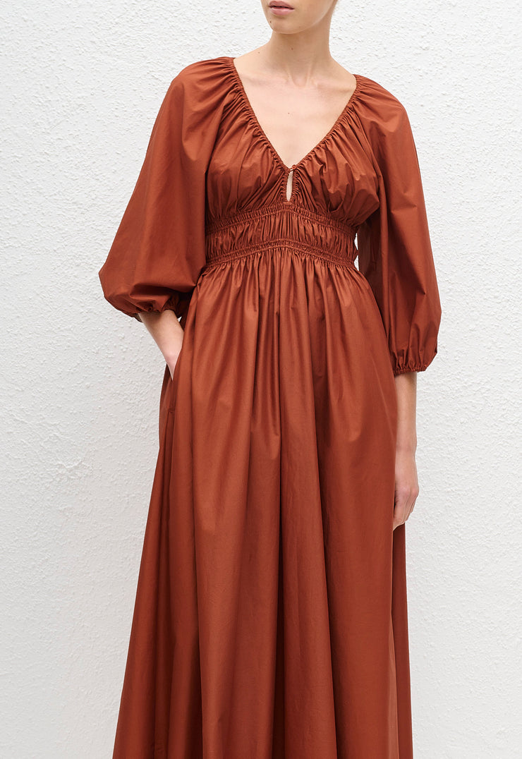 Shirred Plunge Button Dress - Garnet - Matteau
