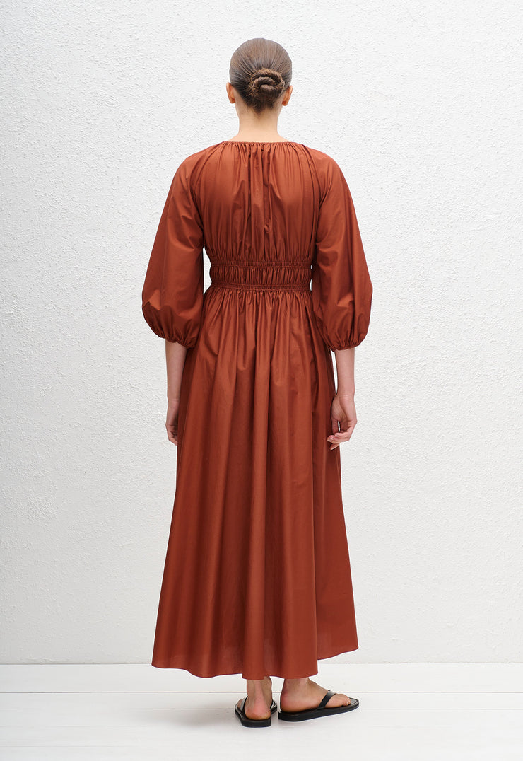 Shirred Plunge Button Dress - Garnet - Matteau