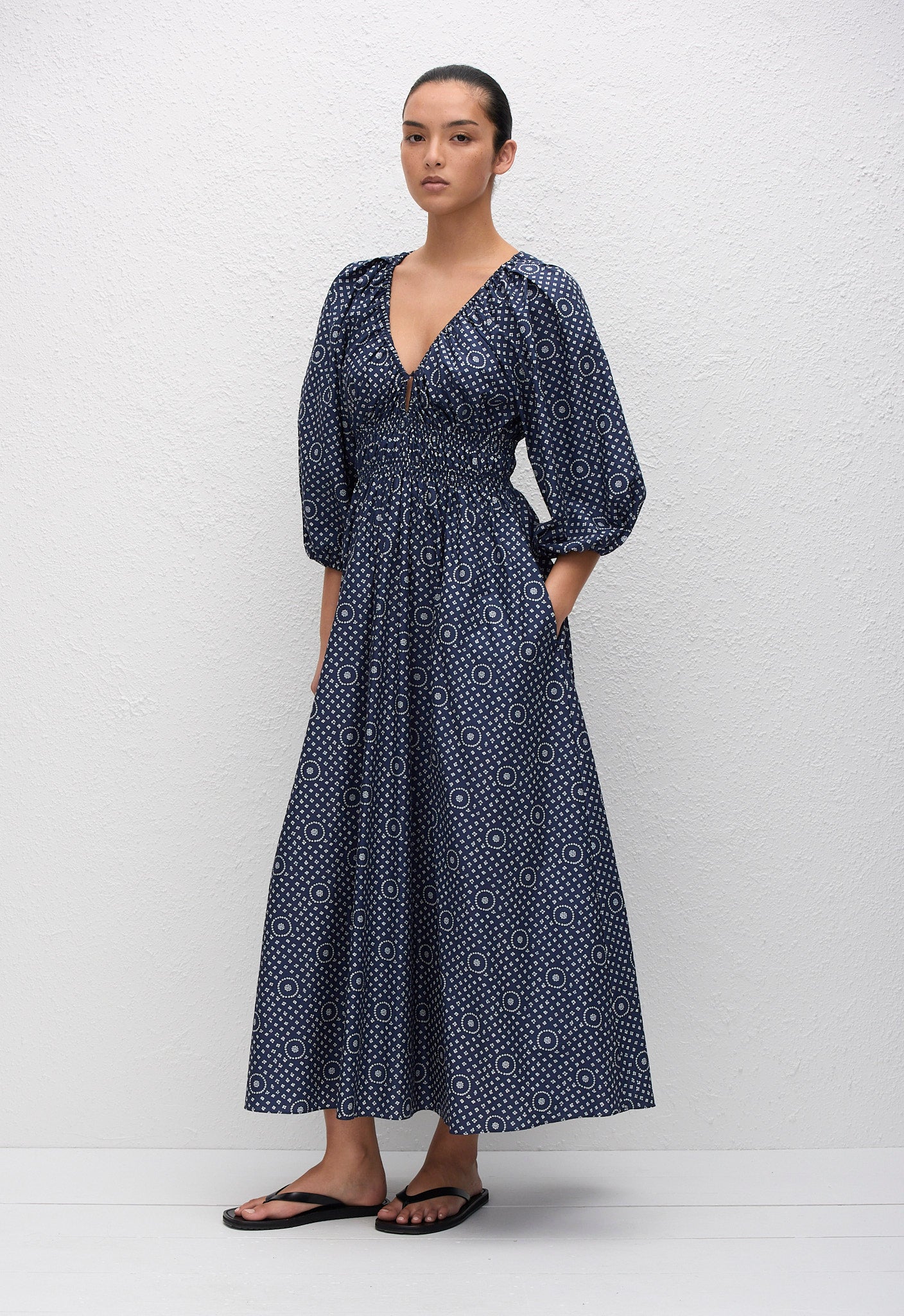 Shirred Plunge Button Dress - Bluebell - Matteau