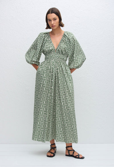 Shirred Plunge Button Dress - Vetiver - Matteau