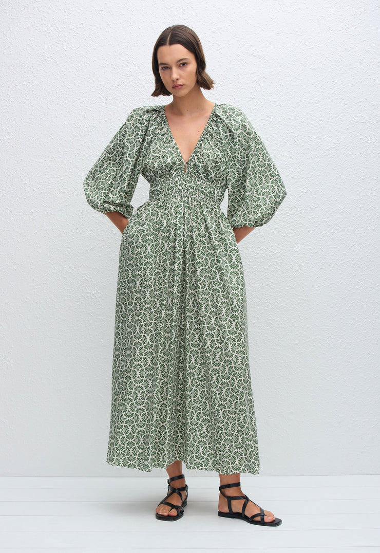 Shirred Plunge Button Dress - Vetiver - Matteau