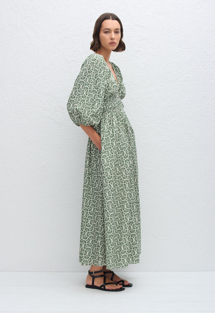 Shirred Plunge Button Dress - Vetiver - Matteau