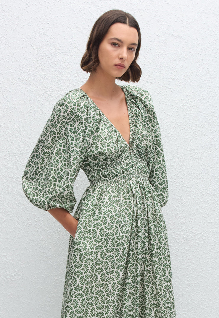 Shirred Plunge Button Dress - Vetiver - Matteau