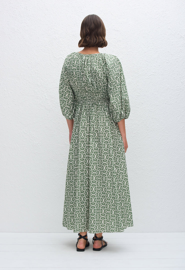 Shirred Plunge Button Dress - Vetiver - Matteau