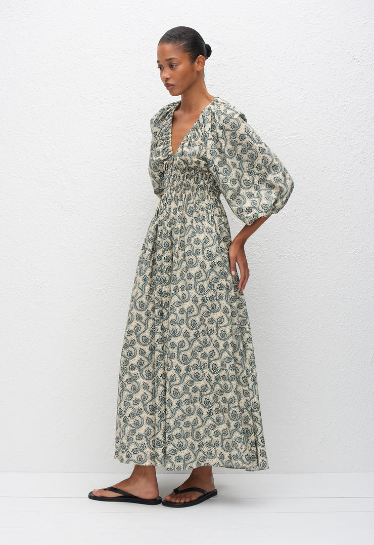 Shirred Plunge Button Dress - Vine - Matteau