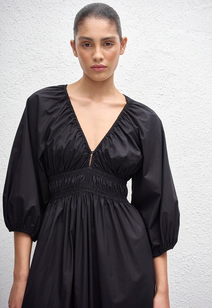 Shirred Plunge Button Dress - Black - Matteau