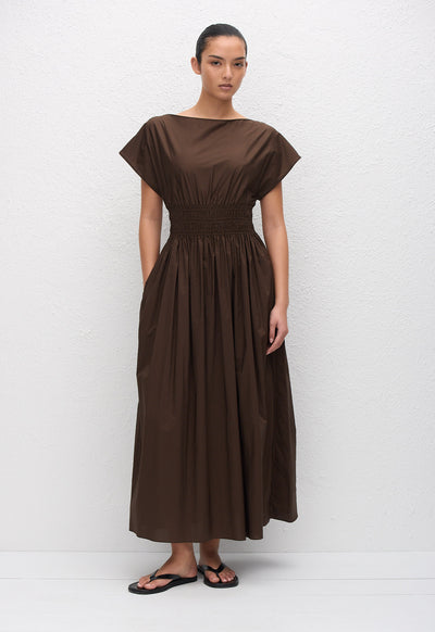 Shirred Waist Midi Dress - Chocolate - Matteau