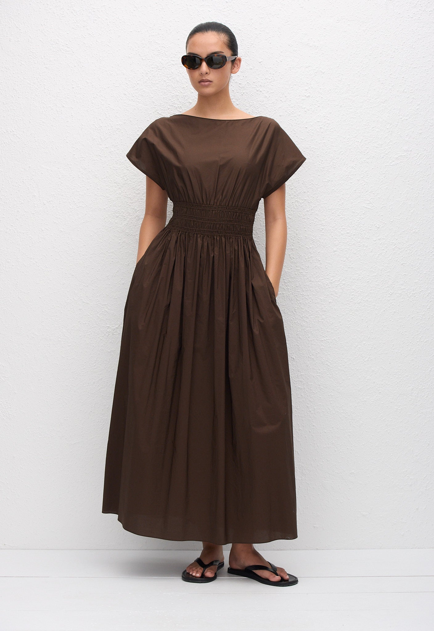 Shirred Waist Midi Dress - Chocolate - Matteau