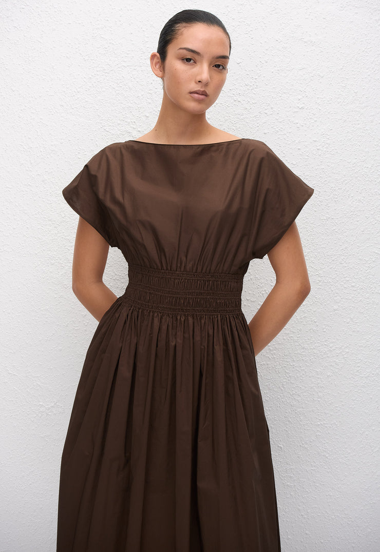 Shirred Waist Midi Dress - Chocolate - Matteau